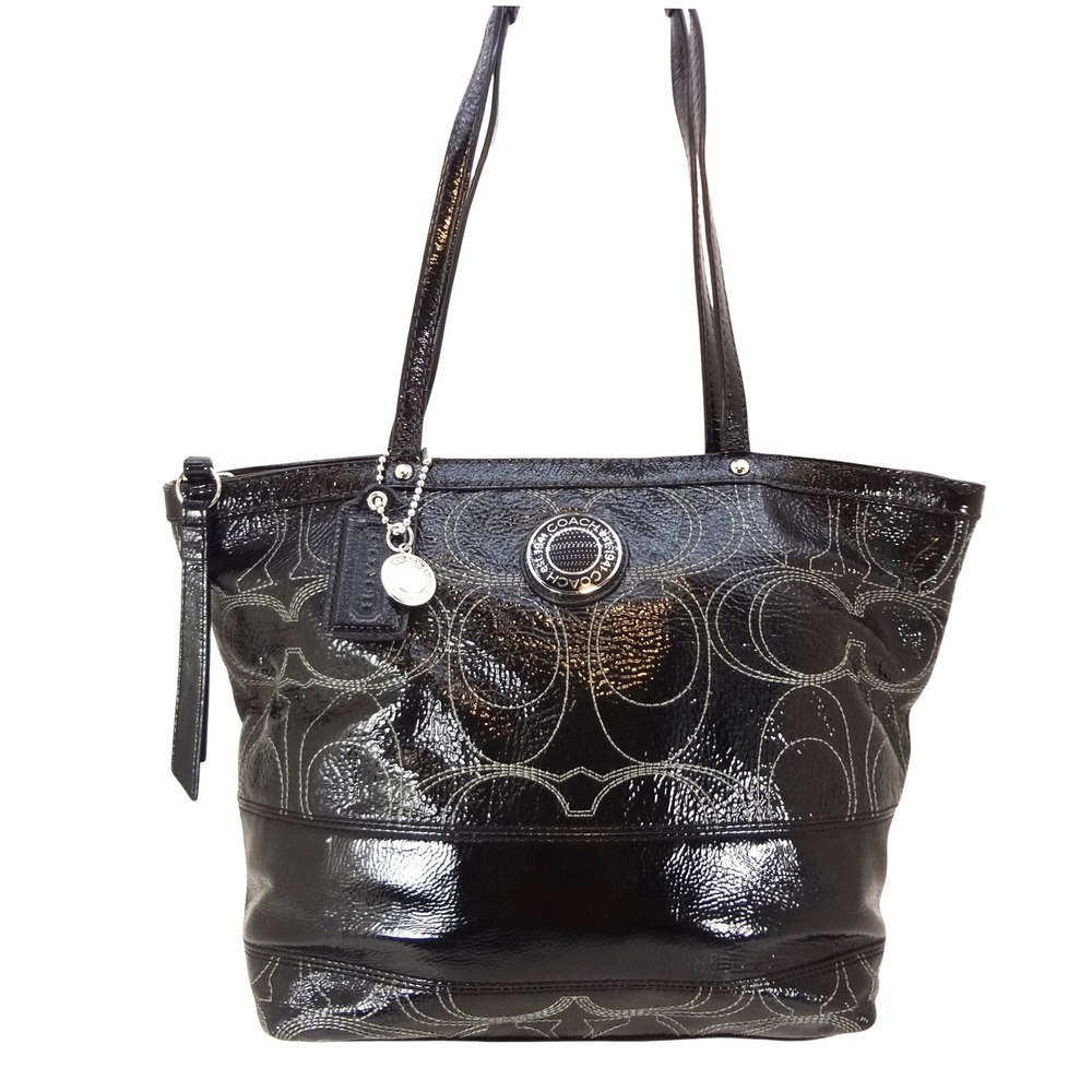 Coach Poppy Liquid Gloss Tote Bag Black F19198 Excellent Patent Leather